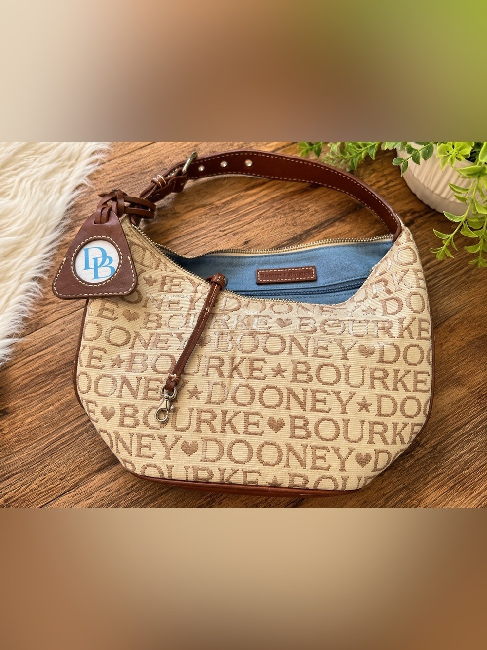 Dooney & Bourke Beige Signature Logo Mini Hobo Bag Brown Leather Trim • Like New - Picture 2 of 13